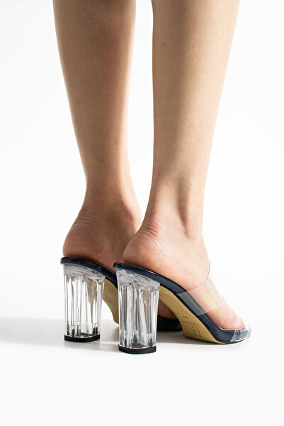 HVZ Exclusive Navy Blue Transparent Women's Heeled Slippers Comfortable Ergonomic Thick Heel Shoes (9cm) Engagement, Evening Dress, Wedding