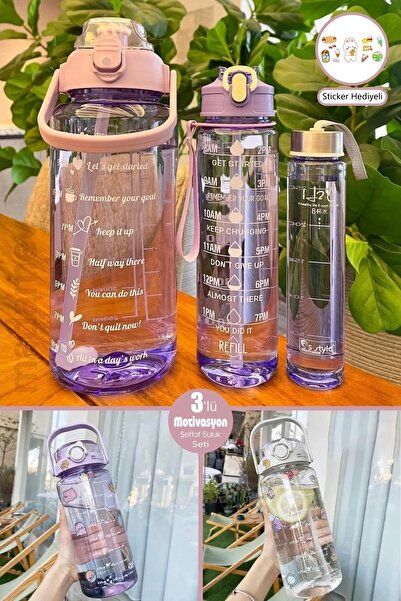 Rosemor 3'lü Yeni Şeffaf Motivasyon Kokusuz Stickerlı Spor Suluk Matara Pipetli Taşınabilir Su Şişesi Renkli