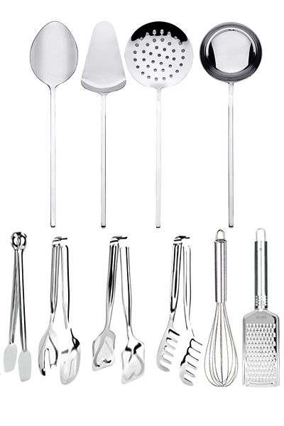 Mirilliahome Stainless Steel 10 Piece Kitchen Serving Set – Ladle, Spatula, Strainer, Tongs, Grater