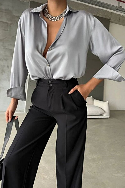 thesunfyre Kadın Gri Şık Ve Casual Uzun Kollu Dar Kesim Düğmeli Saten Gömlek