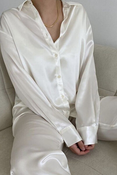 thesunfyre Cămașă din satin, albă, elegantă și ocazională, cu mâneci lungi, slim-fit, cu nasturi