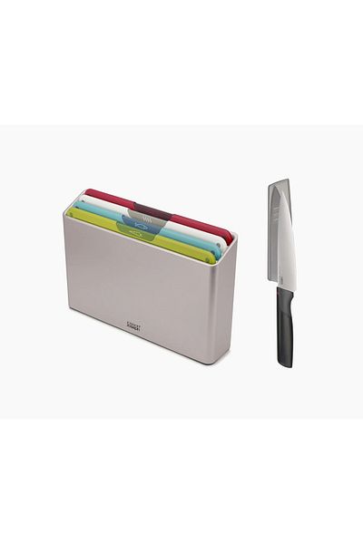 Joseph Joseph Jj 60230 مجموعة ألواح التقطيع على شكل أيقونة فوليو مع سكين الشيف الملون
