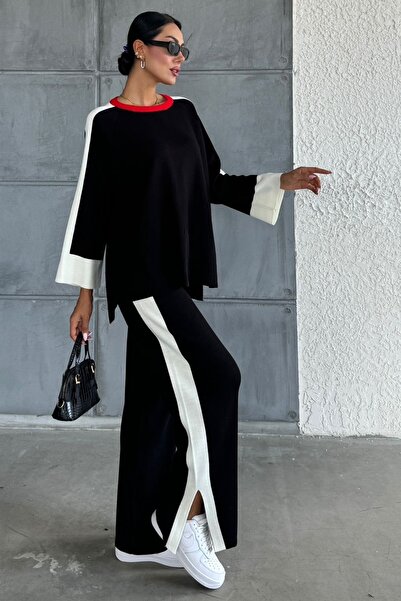 WOMAN VISION Fekete kötöttáru csíkos túlméretes pulóver és nadrág szett - rugalmas és hasított 1030