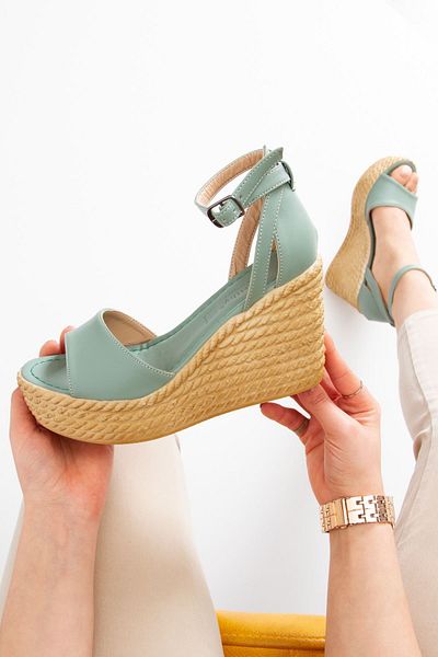 derithy Feta Wedge Heeled Poly Sole Tape Back Closed Ankle Buckle Sandals Summer Shoes -m. green