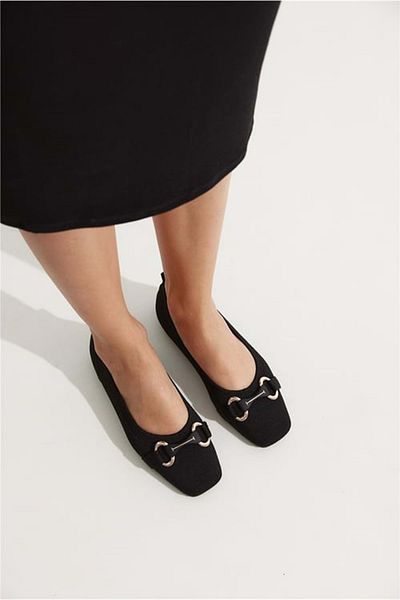 KOCAMANLAR Feles Knitwear Buckle Blunt Toe Women's Ballerina Shoes Black