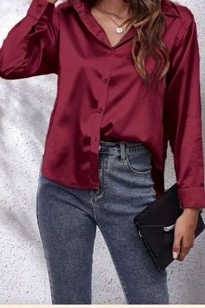 thesunfyre Cămașă din satin cu mâneci lungi, elegantă și ocazională, cu nasturi, de damă, bordeaux