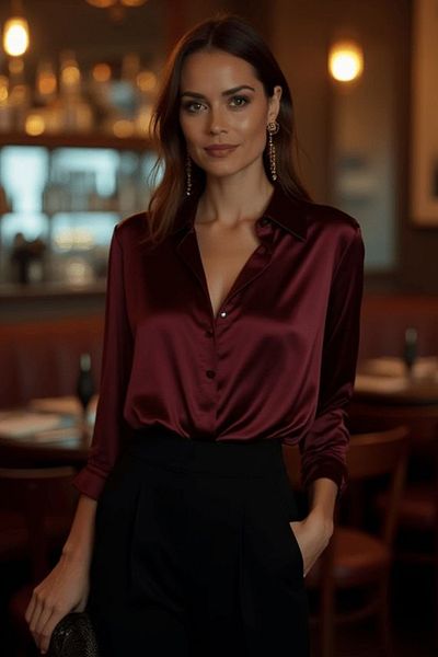 thesunfyre Cămașă din satin cu mâneci lungi, elegantă și ocazională, cu nasturi, de damă, bordeaux