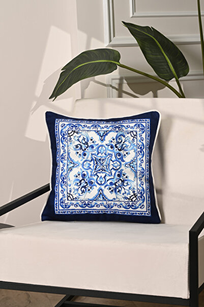 decofav Dizajn uzorka plavih pločica Rebrasto Navlaka za jastuk - 43x43cm