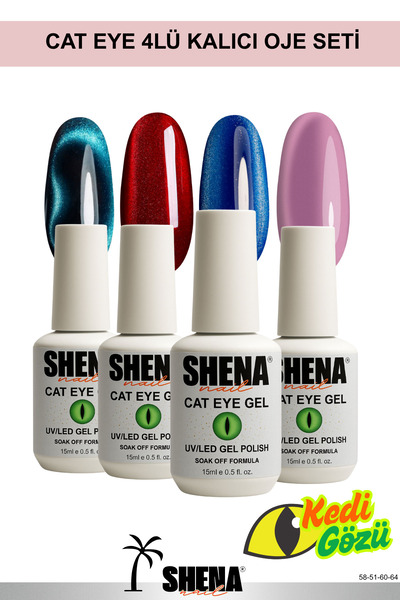 Shena Kedi Gözü Kalıcı Oje 15 Ml * 4 Adet Cat Eye (Kırmızı, Laci, Fuşya, Petrol) UV/LED Gel ♥ From Dubai®