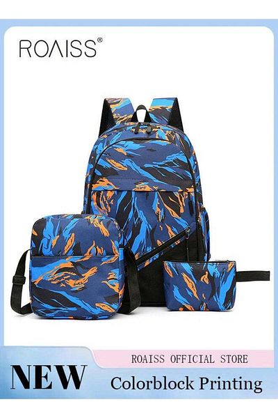 ROAISS 3-Piece New Trendy Backpack High School Student Schoolbag Casual Camouflage Travel Backpack Large Ca