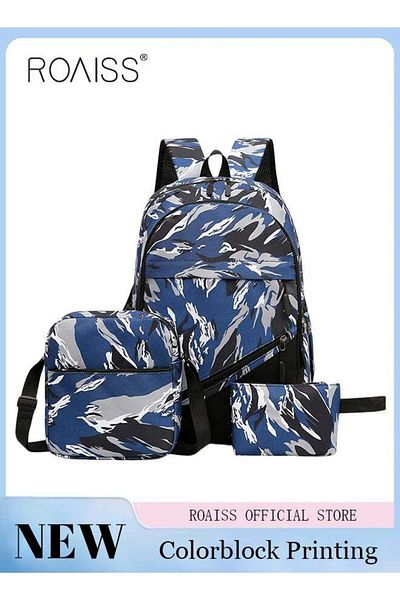 ROAISS 3-Piece New Trendy Backpack High School Student Schoolbag Casual Camouflage Travel Backpack