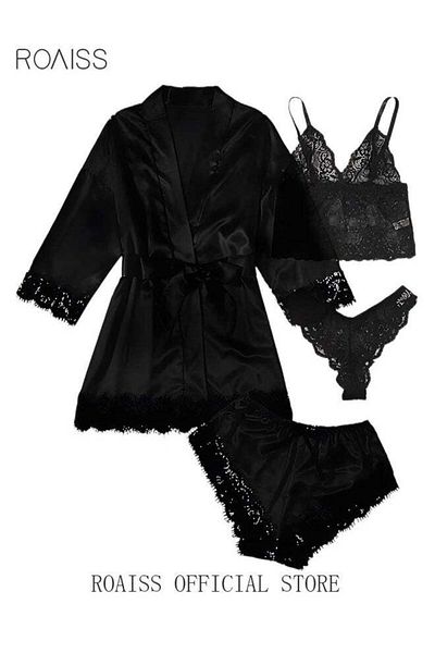 ROAISS 4 Pack Women's Nightwear Sets Silk Satin Sleepwear Pajama Summer Home Wearing Clothes Suits Embroide