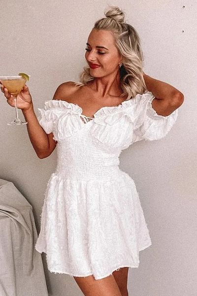 FASHION COCKTAIL Φυσικό καλοκαιρινό φόρεμα Bohemian - Puff μανίκια με γούνινο και δέσιμο στο στήθος