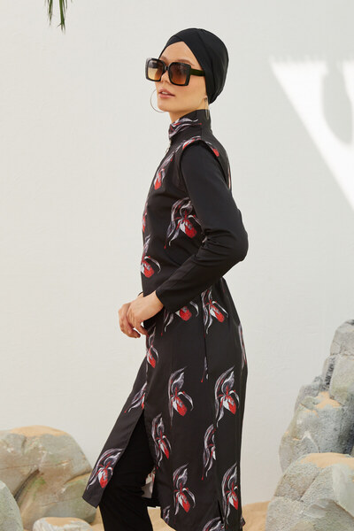 Starinci Mayo Tam Kapalı Dik Yaka Tesettür Mayo Siyah Örüntülü Desen