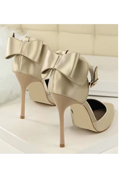Felisya Butik Bow Detailed Beige Satin Heeled Shoes 10.5 Cm-Felisyabutik