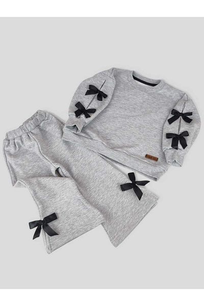Hobidik Girl's Gray Bow Tie Casual Bottom Top Set
