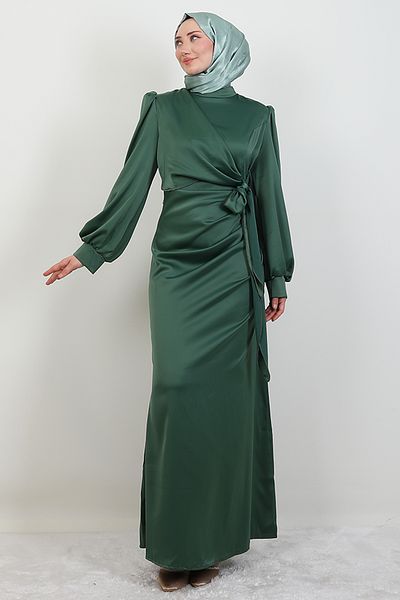 GİZ AGİYİM Light Green Satin Dress - Side Belted