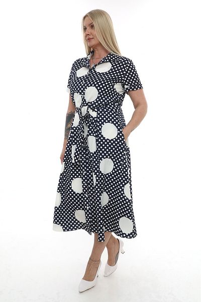 etselements Buttoned Belted Midi Length Polka Dot Dress Dark Navy Blue