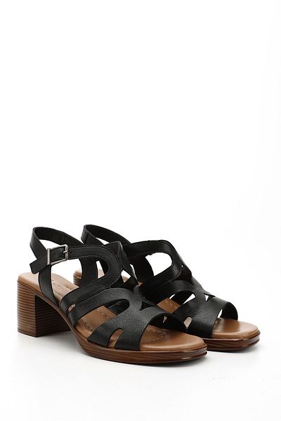 GÖNDERİ(R) Women / Girls Black Thick Heeled Genuine Leather Sandals