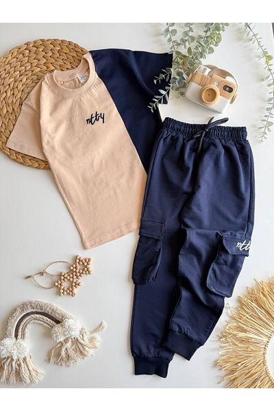 Sipsirin Ntty Kids Boys Color Block Cargo Pocket 2-Piece Set - Navy Blue/Beige (5-14 Years)