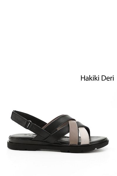 GÖNDERİ(R) Women's / Girls' Black Cross-Strapped Genuine Leather Sandals