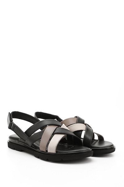 GÖNDERİ(R) Women's / Girls' Black Cross-Strapped Genuine Leather Sandals