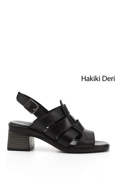 GÖNDERİ(R) Women / Girls Black Knitted Strap Thick Heeled Genuine Leather Sandals