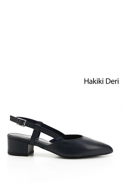 GÖNDERİ(R) Women's Navy Blue Antique Thick Heeled Open Back Genuine Leather Shoes
