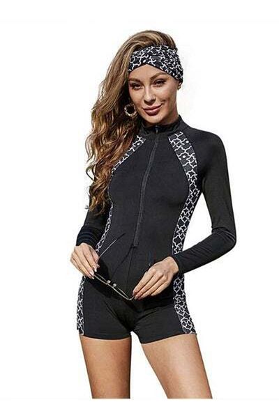 HALAMODO Muslim Ladies Zipper Conservative Belly Covering One Piece Summer Long Sleeve Surf Sports Swimsuit