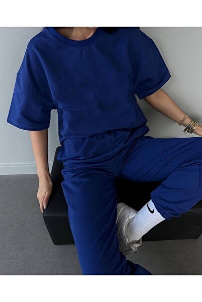 DUBU BUTİK Basic T-shirt Sweatpants Jogger - Saks Blue Straight Bottom Top Σετ φόρμας Oversize Crew Neck