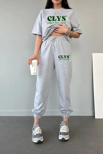 CLAYES Clys Design T-shirt Sweatpants Jogger- Gray Print Bottom Top Tracksuit Set Oversize Crew Neck