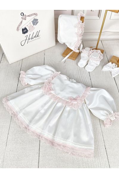 Hobidik Baby Girl Off-White Pink Laced Apron Dress Set