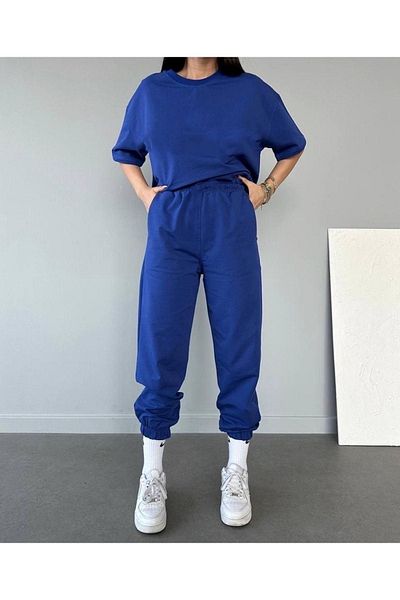 DUBU BUTİK Basic Tričko Tepláky Jogger - Saks Modré Rovné Spodní Tepláky Set Oversize Crew Neck