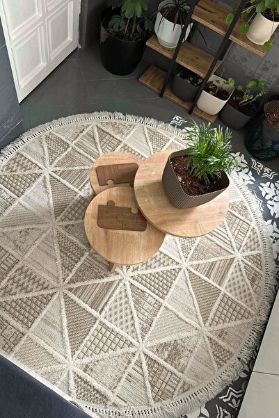 Cool Halı Sakura 2201 Krem Hav Toz Vermez Etnik Desenli Modern Dokuma Yuvarla...