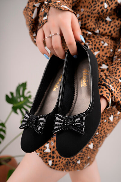 Akgün Terlik Kadın Siyah Nubuk Fiyonk Taş Şık Ev Ayakkabısı