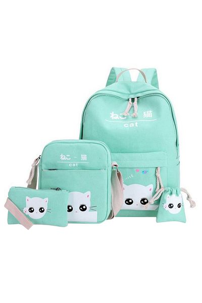 HALAMODO 4-Piece Cat Printed Student Backpack Set Blue/White
