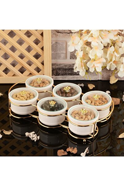 Genel Markalar 6 Bölmeli Yuvarlak Kapaklı Seramik Kahvaltı, Çerezlik Sunumluğ...