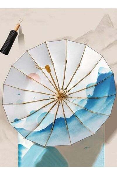 HALAMODO Ladies 16 Ribs Retro UPF50+ UV Protection Wind Resistant Travel Umbrella Black/Blue