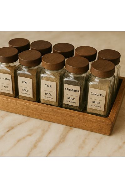 BLUE SİDE 12Pcs Acassia Pinterest Style Kitchen Organizer Spice Rack Mini Jar with 12 Labels