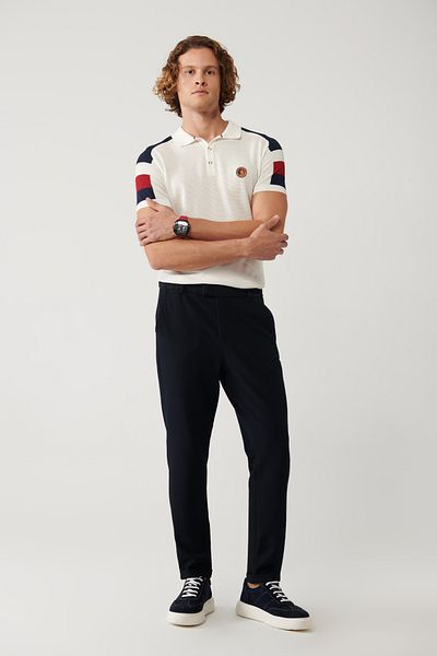 Avva Men's Navy Blue Side Waist Elastic Wafer Chino Trousers B 003033