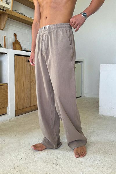 Flaw Wear Relaxed Cut Brown Linen Trousers with Elastic Waist