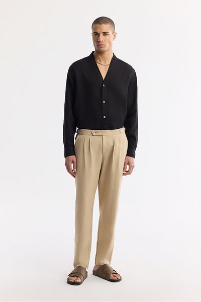 Avva Men's Beige Relaxed Fit Classic Waist Epaulet Detailed 100% Linen Trousers A51Y3025