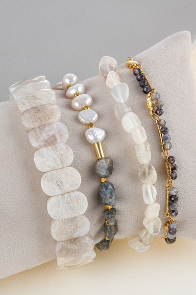 OSMANLI DOĞAL TAŞ Certified Feminine Energy 4-Piece Natural Stone Bracelet Set for Women (Moon Stone, Pearl, Labradorite, Iyolit)