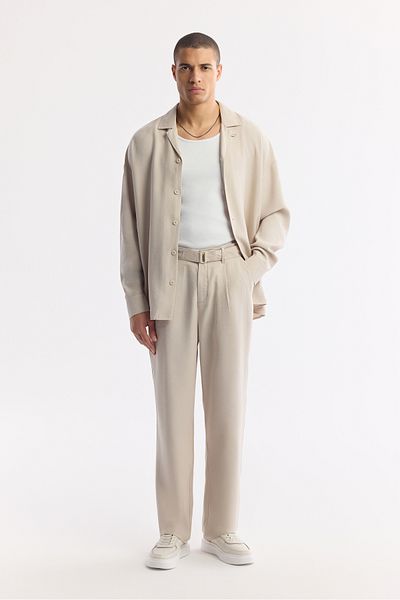 Avva Men's Beige Baggy Fit Classic Waist Front Buckle Detailed Modal Blended Trousers A51Y3033