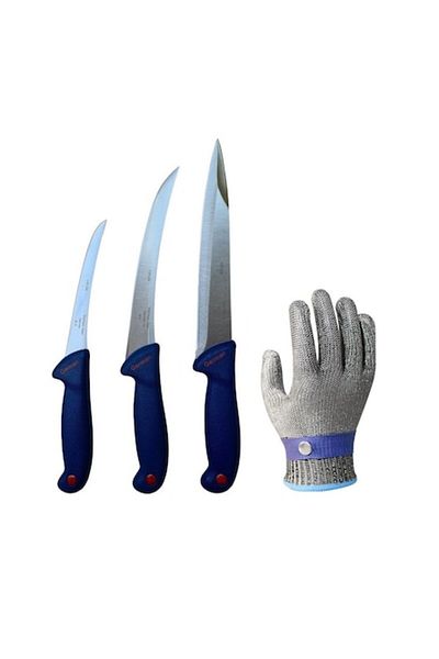 Globalport Retail Set of 3 butcher knives for boning, threading, stabbing + XL anti-cut protective glove