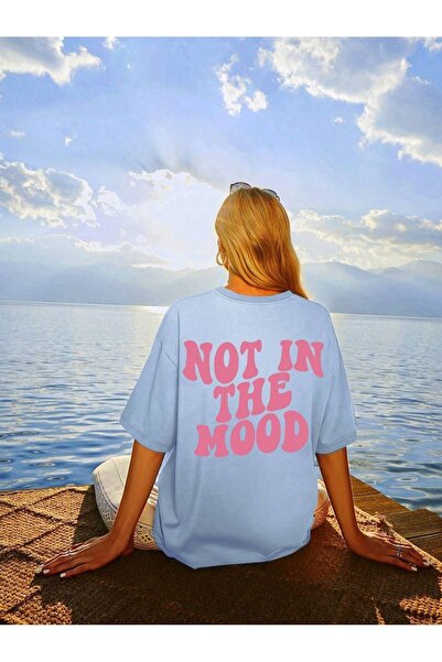 DUBU BUTİK Tricou Not Mood Single Jersey - Tricou oversize cu mânecă scurtă, cu decolteu, cu imprimeu albastru bebeluș