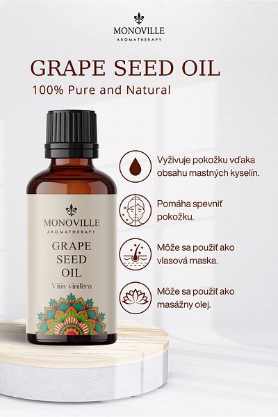 Monoville Olej z hroznových jadierok 30 ml za studena lisovaný 100% čistý a prírodný (Grape Seed Oil)