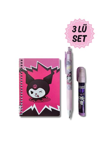 Ceylan Kırtasiye Kuromi 07 Notebook - Versatil Laying Egg Pen and Rocket Eraser (Set of 3) - Kromi