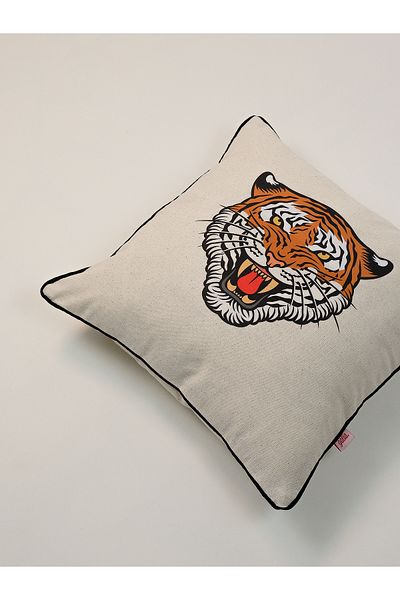 Galia Tasarım Λινό κάλυμμα μαξιλαριού Roar Icon Tiger Illustrated 45x45 cm