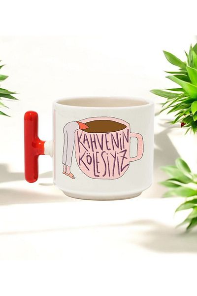 BB TRADE We Are the Servants of Coffee Designed Red t Handle Ceramic Printed Mug 250 ml